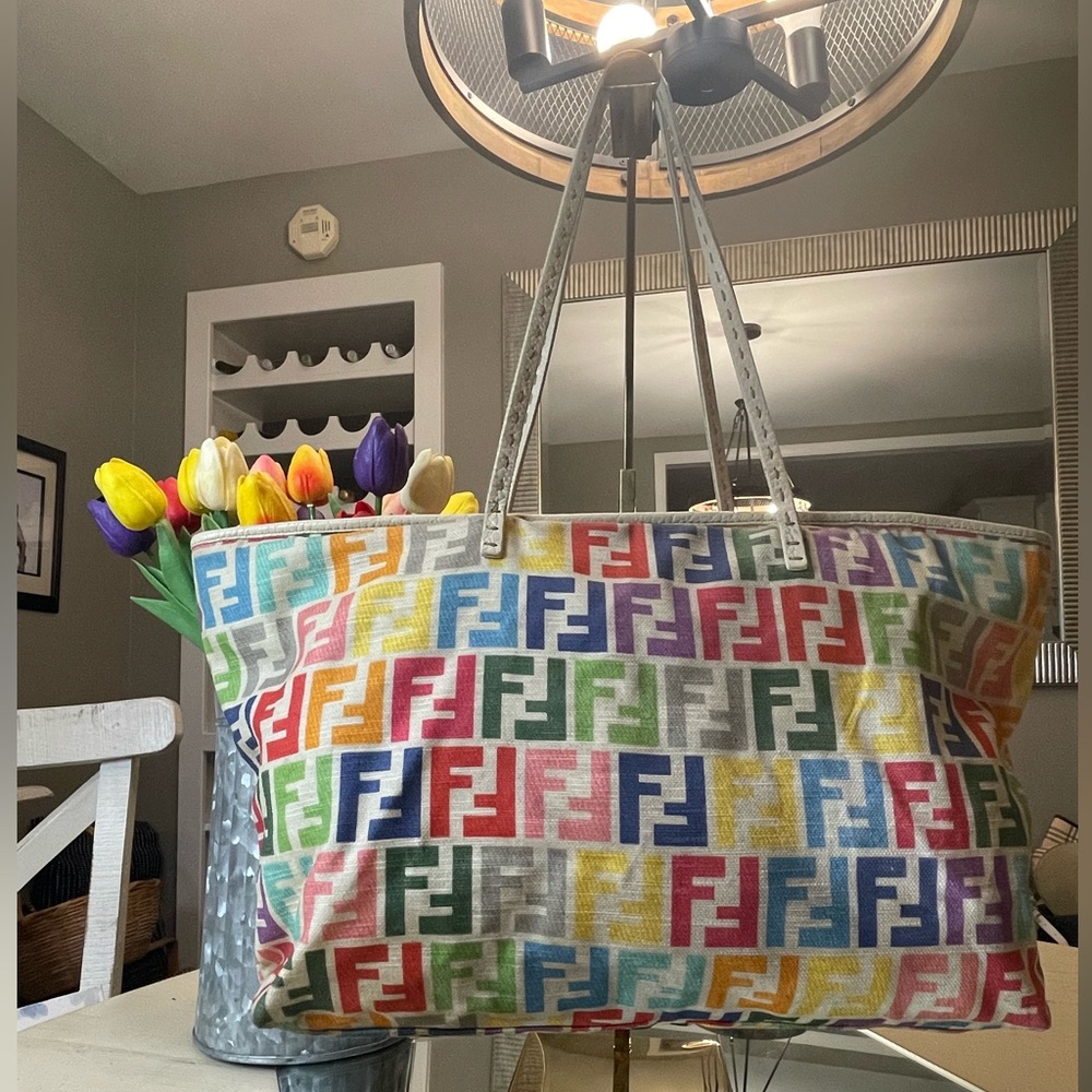 *WITH COA* Multicolor Fendi Spalmati Roll Tote Bag On Ivory Canvas And Leather - Picture 4 of 16
